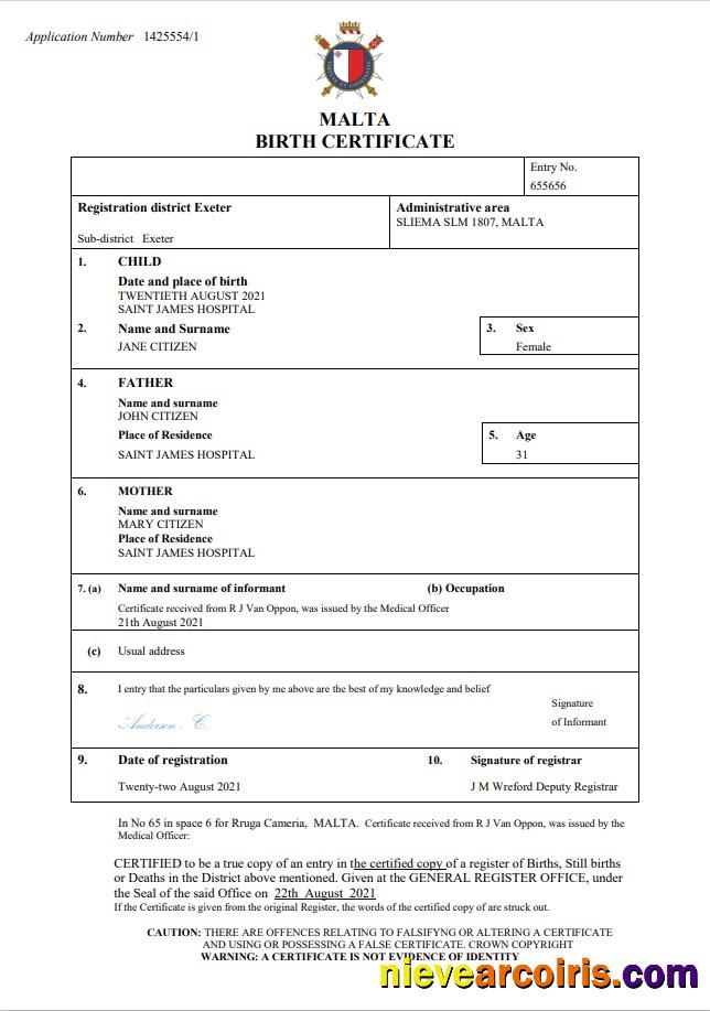 Malta birth certificate